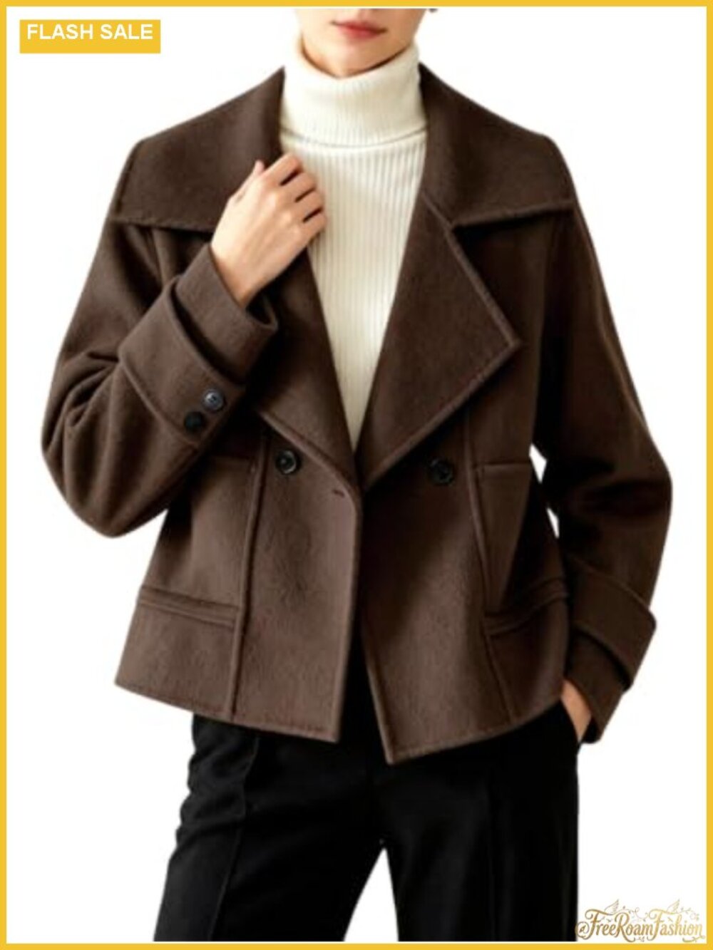 Womens Cropped Wool Blend Pea Coat Notched Lapel Short Double Breasted
